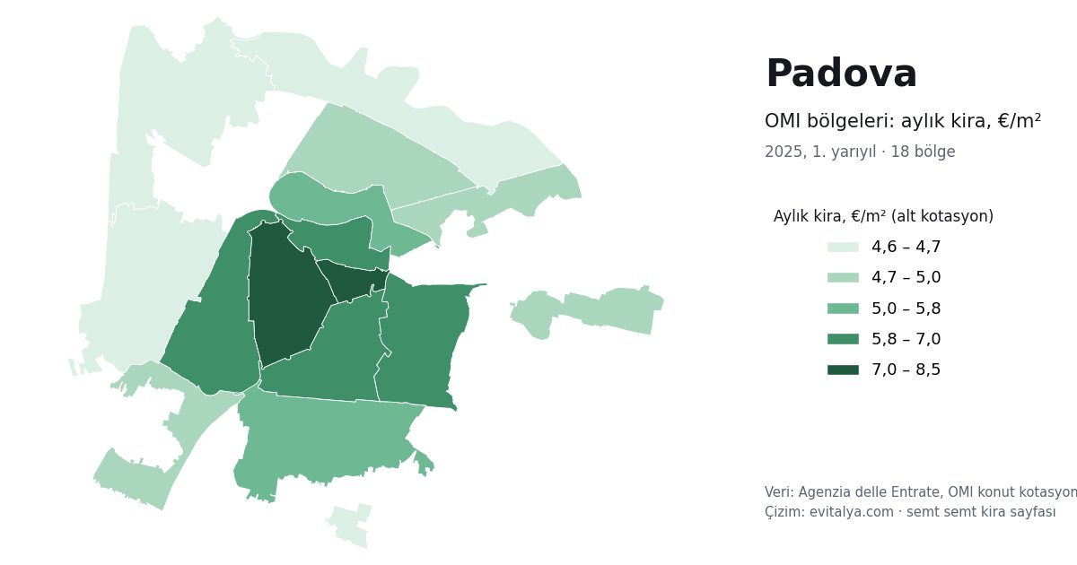 Padova'da OMI bölgeleri haritası: semt semt aylık kira, 2025, 1. yarıyıl