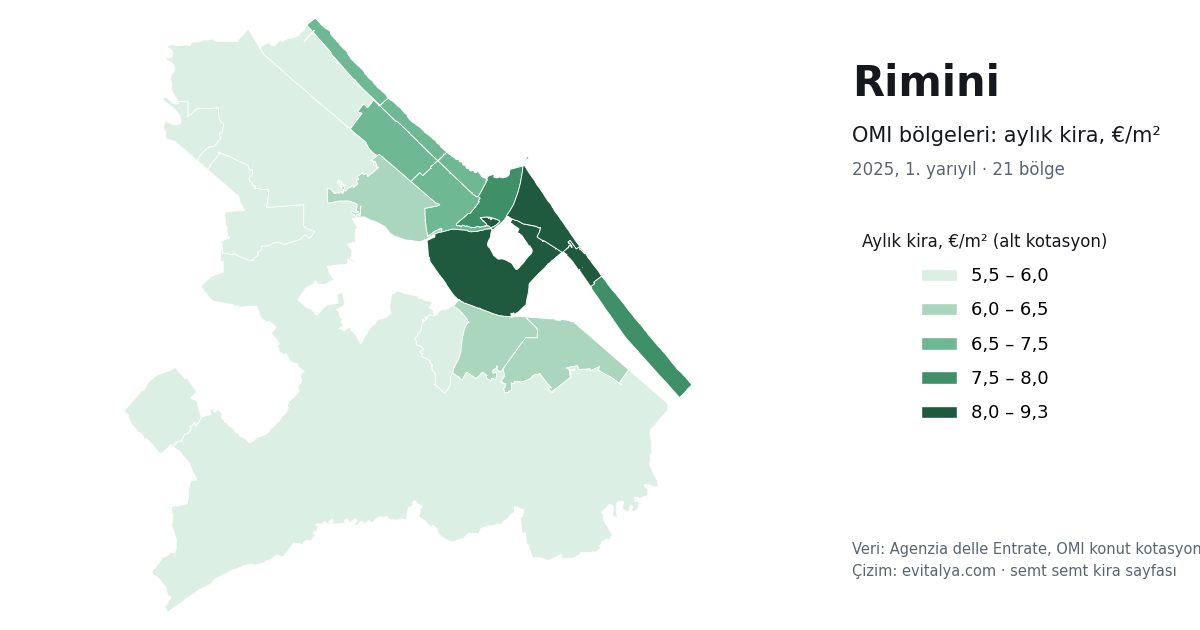 Rimini'de OMI bölgeleri haritası: semt semt aylık kira, 2025, 1. yarıyıl
