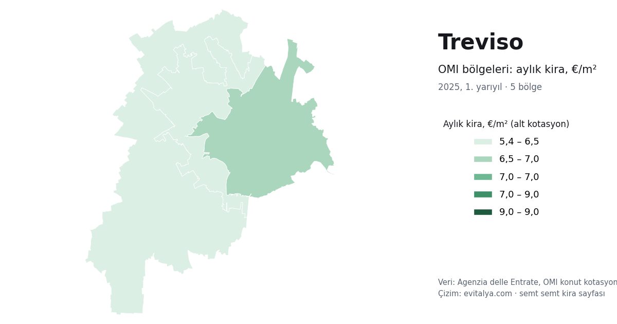 Treviso'da OMI bölgeleri haritası: semt semt aylık kira, 2025, 1. yarıyıl