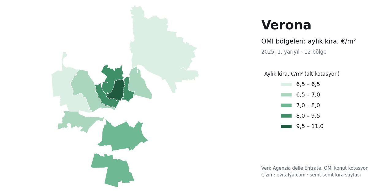 Verona'da OMI bölgeleri haritası: semt semt aylık kira, 2025, 1. yarıyıl